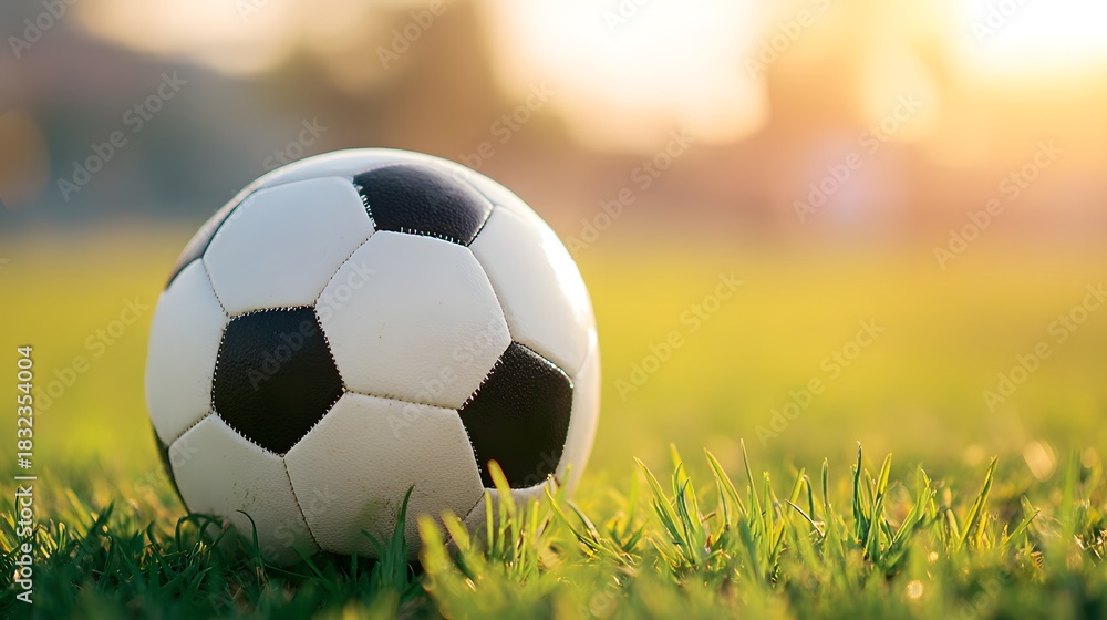 Fototapeta premium Soccer ball is sitting on a green field. The ball is white and black