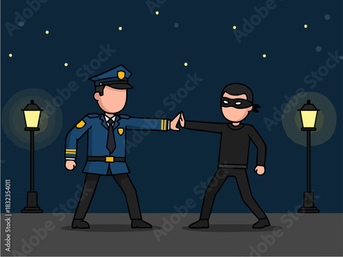 Police officer confronting a masked thief in a nighttime street scene.