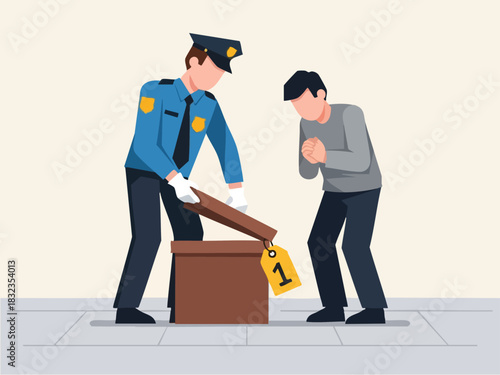 Police officer investigating crime scene with suspect, evidence box open.