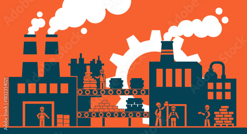 Workers and production line in a stylized industrial factory Manufacturing concept