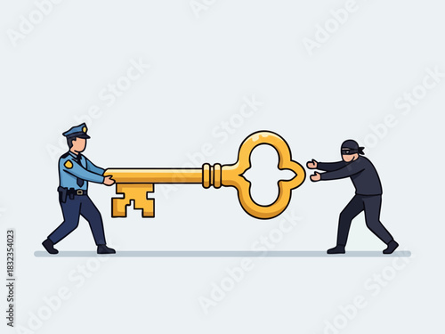 Police Officer and Thief Fight Over a Giant Golden Key.