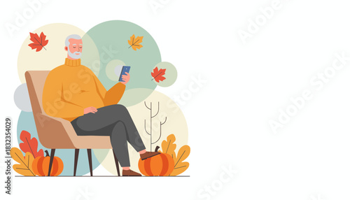 Elderly man uses smartphone while relaxing in a cozy armchair during the autumn season