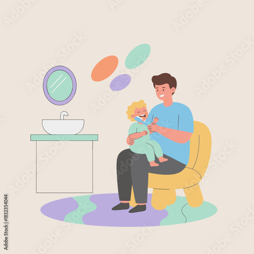 Smiling father and toddler brushing teeth Happy family dental hygiene routine illustration