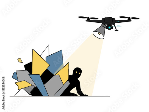 Drone Surveillance Illuminates Hidden Figure Amidst Debris and Shadows.