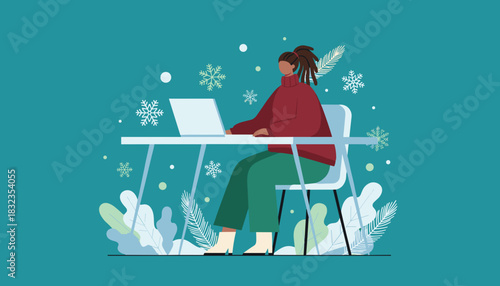 Woman remote working on laptop during winter holidays Seasonal business freelance illustration