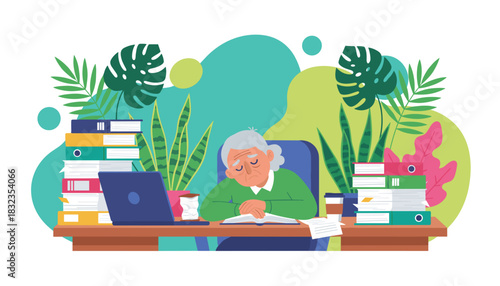 Exhausted elderly worker asleep at desk surrounded by huge piles of files and laptop