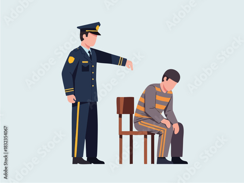 Police officer pointing at a seated prisoner in a somber interrogation room setting.
