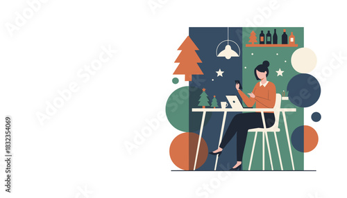 Busy woman works on laptop and phone in a cozy festive Christmas home office