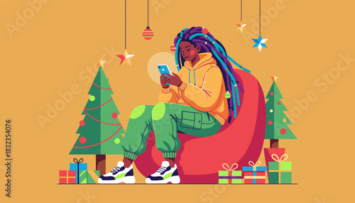 Digital Christmas Stylish woman relaxing with her phone among gifts and festive decorations
