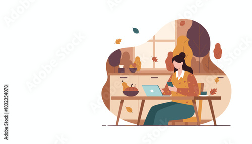 Woman working remotely at home with laptop and phone surrounded by fall decor