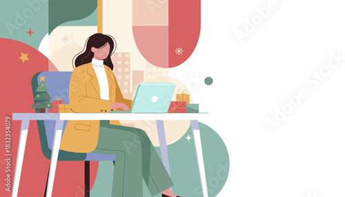 Professional woman working on laptop at desk with Christmas decor Holiday business and productivity