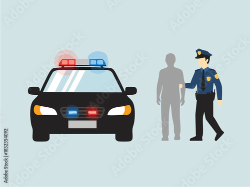 Police officer arresting a suspect near a police car, law enforcement concept.