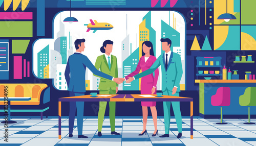 Successful business deal finalized with a handshake in a vibrant modern meeting room setting