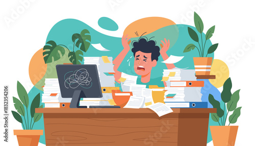Overwhelmed employee buried under paperwork and deadlines Stress burnout and office chaos concept