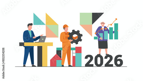Diverse professionals plan 2026 growth technology industry and financial strategy