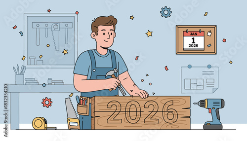 Man crafting 2026 sign on January 1st New Year construction planning and goals illustration