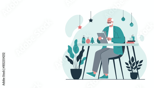 Senior man working remotely on a tablet in a festive modern office with Christmas decorations