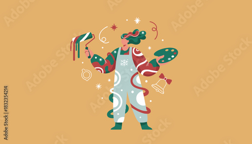 Holiday decorator painting with Christmas colors holding a roller and palette Festive illustration