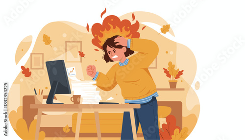 Burnout concept Furious worker overwhelmed by huge workload and deadline stress