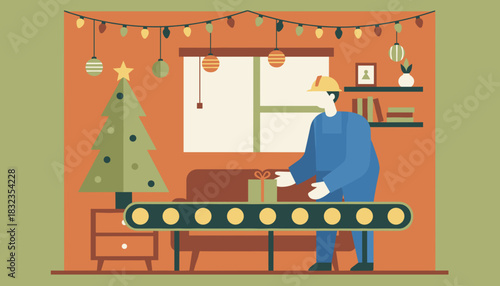 Worker processes a holiday gift on a factory conveyor belt celebrating seasonal manufacturing and delivery
