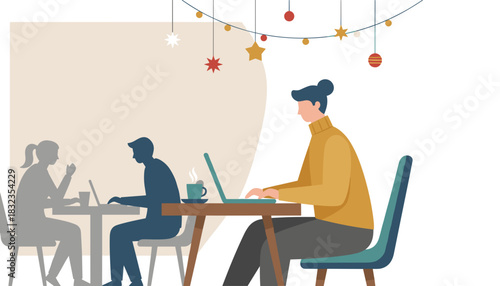 Man working remotely on a laptop in a cozy cafe decorated for holidays Freelance or winter productivity