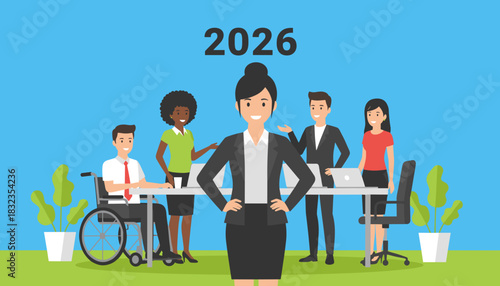 Diverse business team meeting in 2026 Happy corporate staff inclusion and future growth concept