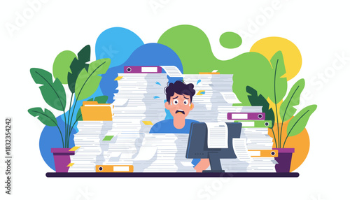Overwhelmed office worker buried under piles of documents symbolizing massive workload and stress