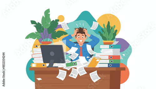 Stressed man overwhelmed by excessive office workload and flying papers signifying burnout and deadlines