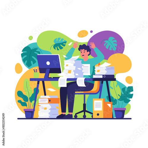 Overwhelmed employee drowning in paperwork Huge workload stress and office burnout concept