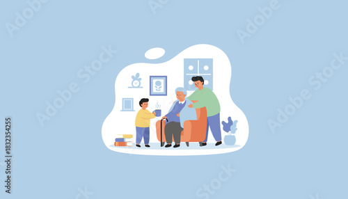 Family generations providing loving care and support for elderly grandfather sitting in an armchair at home