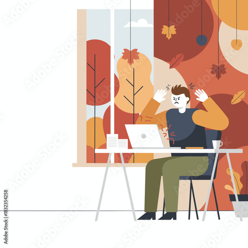 Frustrated man reacts angrily to technology problems while working remotely during the autumn season