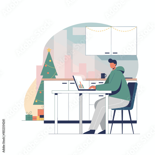 Man working remotely on laptop at Christmas Holiday season business and finance planning