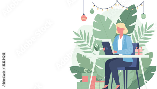 Professional woman working on laptop surrounded by tropical foliage and Christmas gifts