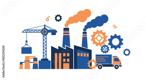 Modern industrial scene factory buildings crane lifting cargo gears and delivery truck