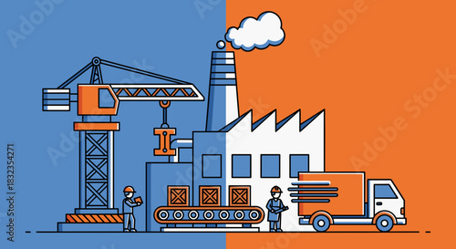 Industrial production cycle illustration manufacturing construction logistics and shipping