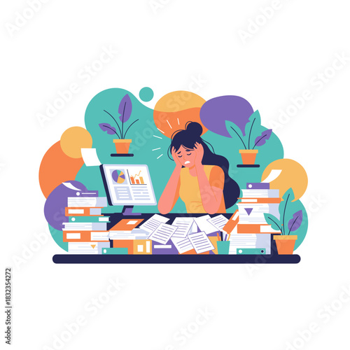Overwhelmed worker suffering from professional burnout due to excessive paperwork and stress
