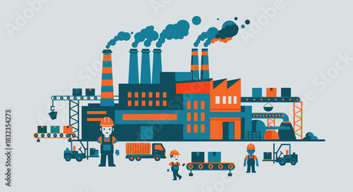 Industrial factory production line vector illustration with workers manufacturing and logistics