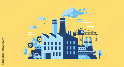 Flat vector graphic of a large industrial factory complex and manufacturing operations