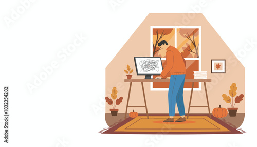 Man struggling with tangled thoughtsconfusion on PC in cozy autumn home office