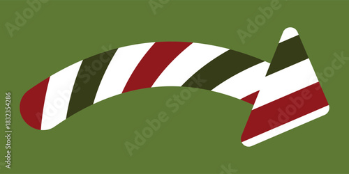 Christmas arrow. Candy cane style curved arrow icon on green background. Festive holiday themed directional symbol with striped red white and green pattern. Decorative Christmas arrow element