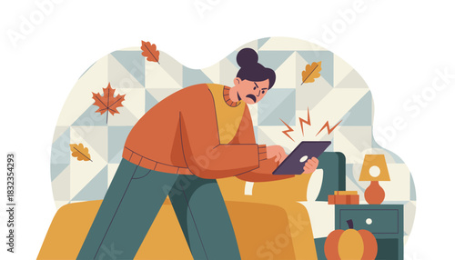 Tech stress Frustrated woman struggling with a faulty tablet device indoors during autumn