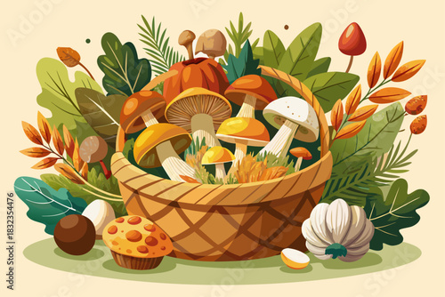 A basket full of fresh seasonal mushrooms and aromatic herbs in a rustic setting, natural organic harvest arrangement, autumn kitchen concept, and offering healthy food from farm to table.