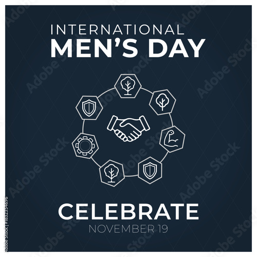 International Men's Day minimalist vector design. Simple icons for strength, nature, protection, cooperation, and role models. Celebrate men's health and positive contributions.