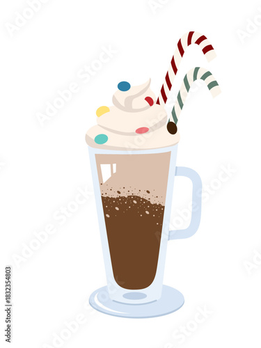 Vector illustration of a tall glass of hot cocoa or chocolate decorated with whipped cream, colorful sprinkles and two candy canes. Winter hot drink