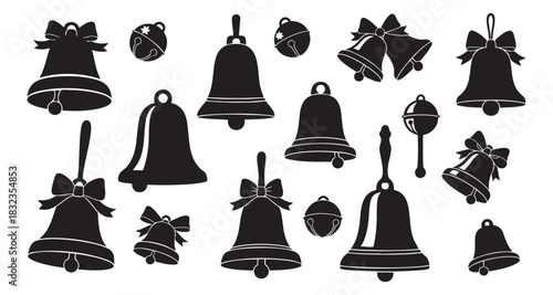 Black silhouette set of christmas bells with bows and ribbons, isolated on white background. concept of holiday season, festive decor, jingle, celebration, icon, design element