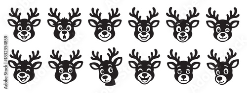Set of black silhouette reindeer faces, isolated on white background. concept of festive holiday, christmas decor, cute animal icons, winter celebration, design elements