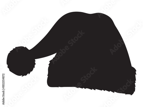Black silhouette of Santa Claus hat with fluffy pompom isolated on white background. Concept of Christmas costume, winter holiday accessory, festive clothing element, seasonal design