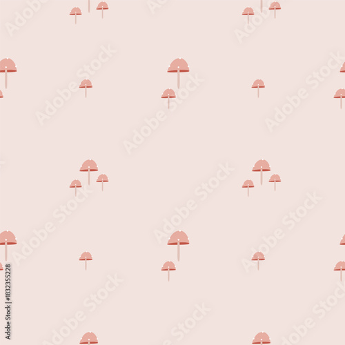 Cute pastel fly agaric seamless pattern in minimalist Scandinavian style. Red mushrooms on beige background. Perfect for nursery, kids fabric, autumn decor and baby products.
