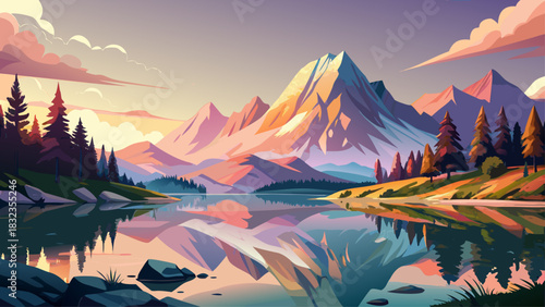 Very beautiful watercolor mountain landscape reflected in a calm lake, featuring soft tones, mirrored clarity, and peaceful natural symmetry for a serene artistic composition.