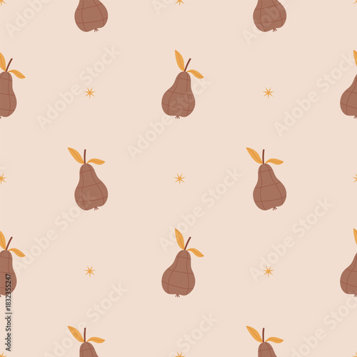 Seamless pastel pear pattern in Scandinavian minimal style. Cute brown fruit on beige background. Perfect for kids’ textiles, wrapping paper, kitchen decor, or autumn nursery designs.